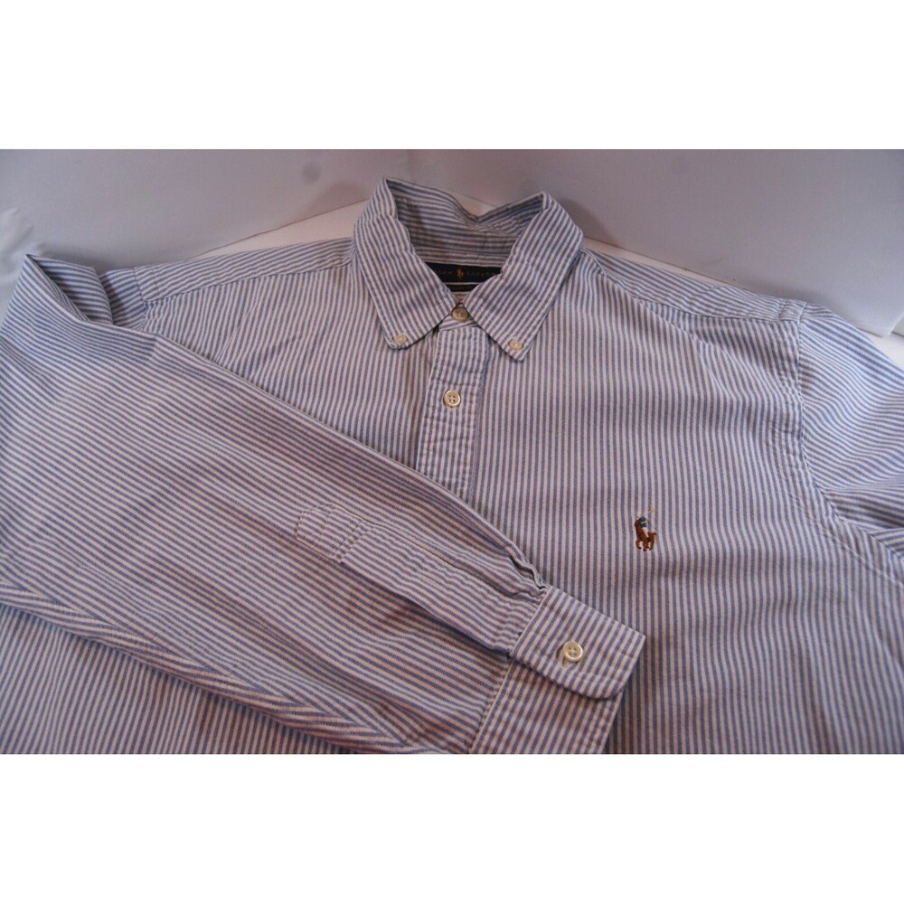 Men’s Ralph Lauren Classic Fit Cotton Oxford Shirt Blue White Stripes Size XL